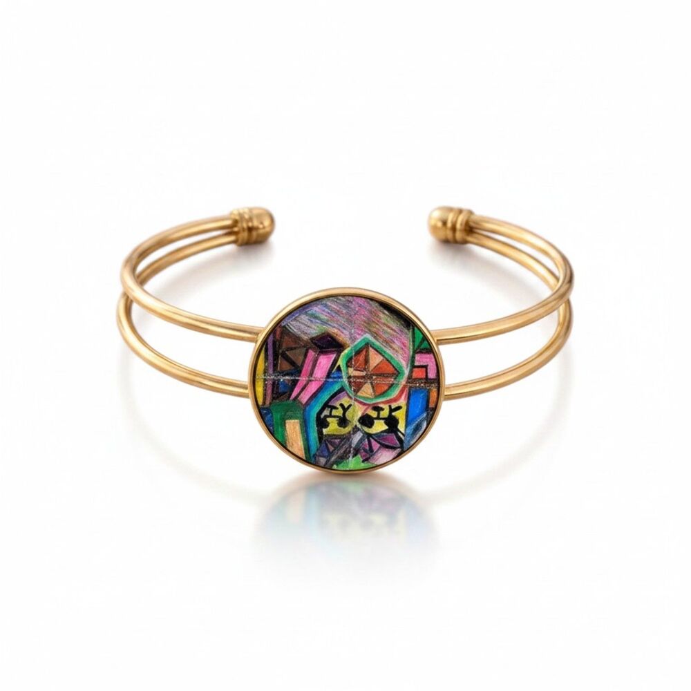 Man On The Bicycle Eva Open Bracelet – Abstract Art Jewelry, Gold Tone Statement